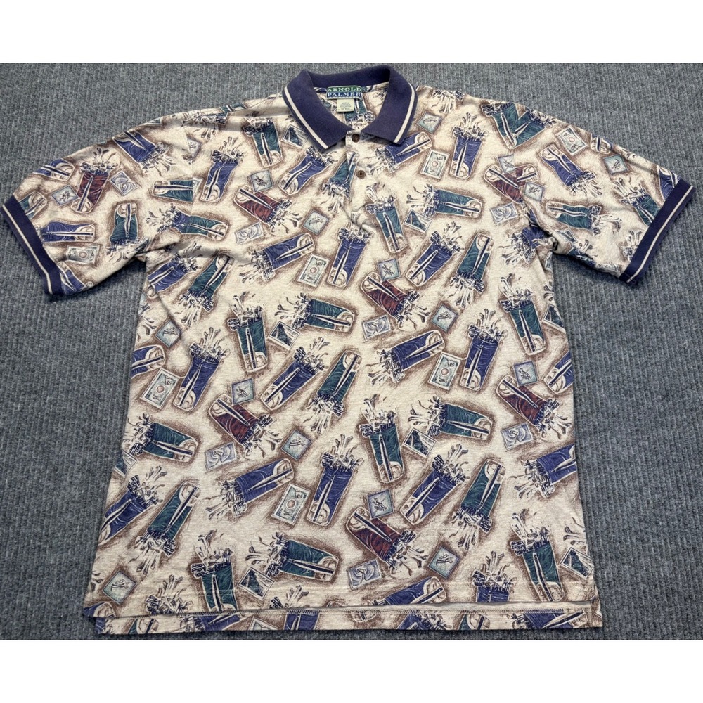 Arnold Palmer Mens Large Golf Bag Print Polo Shirt Short Sleeve Cotton Vintage